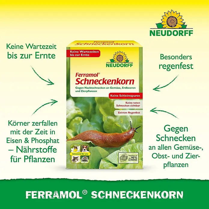 Neudorff Ferramol Schneckenkorn - 1 kg - Bild einer Packung Ferramol Schneckenkorn, einem Produkt zur Schneckenbekämpfung im Garten.