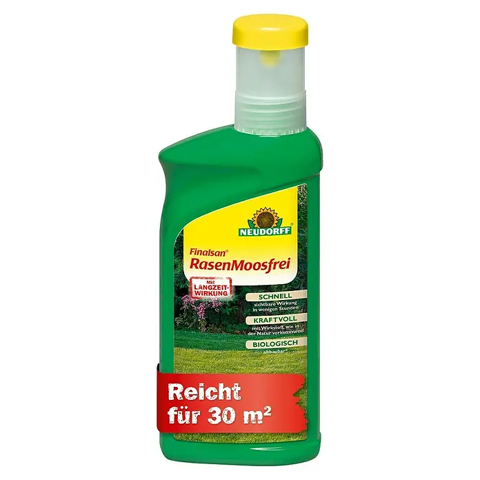 Neudorff Finalsan Rasen-Moosfrei - 500 ml - Produktbild einer Flasche Finalsan RasenMoosfrei von Neudorff. Wirkt schnell und nachhaltig gegen Rasenmoos. Reicht für 30 m².