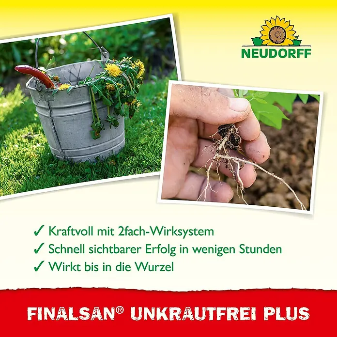 Neudorff Finalsan Unkrautfrei Plus - 2 l - Das Bild zeigt FINALASAN® UNKRAUTFREI PLUS mit kraftvoller Wirkung, schnellen Ergebnissen und Wirksamkeit bis zur Wurzel.