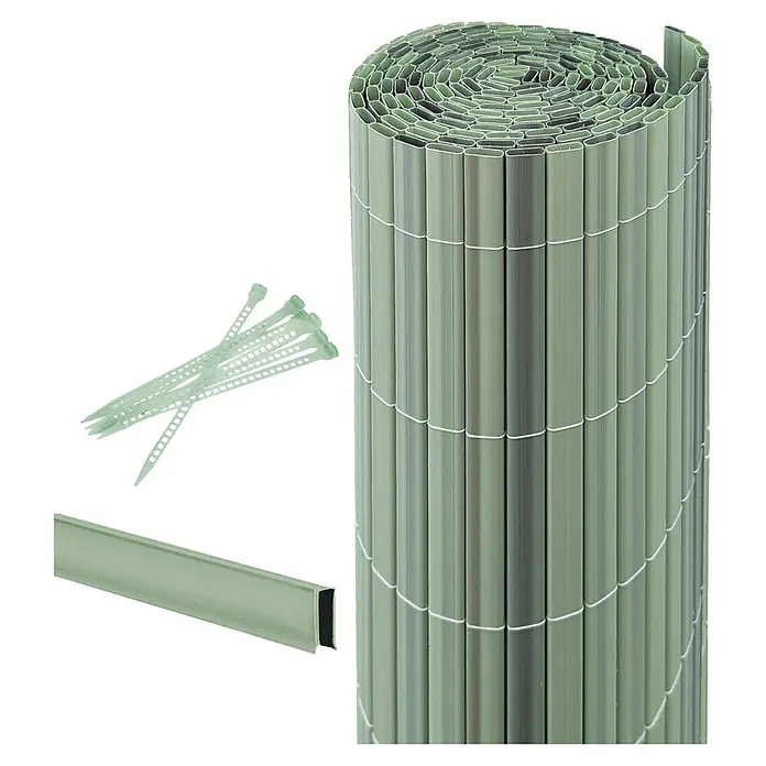 Videx Garden Balkonsichtschutz Rügen - Schilfgrün, L x H: 300 x 90 cm, PVC - Ein aufgerolltes Sichtschutzzaun-Paneel aus Kunststoff mit Kabelbindern und einem Endstück für einfache Installation.