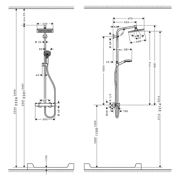 Hansgrohe Crometta Duschsystem E 240 - Mit Thermostatarmatur, Lochabstand: 103,4 cm, Anzahl Strahlarten: 2 Stk., Chrom - Abbildung eines Duschsystems mit Maßangaben, einschließlich Kopfbrause, Handbrause und Armatur für Installationsdetails.