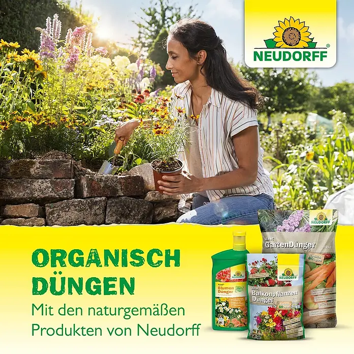 Neudorff Azet Hortensiendünger - 1,75 kg - Werbung für Neudorff-Produkte zur organischen Düngung im Garten. Präsentiert werden verschiedene Düngemittel für Blumen, Balkonpflanzen und den Garten.