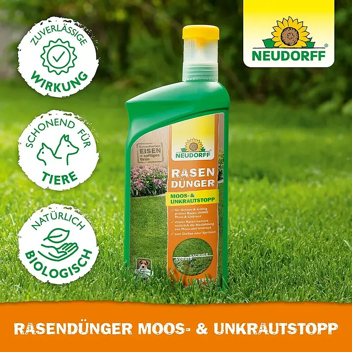 Neudorff Rasendünger Moos- & Unkrautstopp - 1,3 g, 1 l, Max. Anwendungsfläche: 100 m² - Rasendünger von Neudorff mit Moos- und Unkrautstopp. Für dichten, kräftigen Rasen ohne Moos und Unkraut, vitalisiert den Rasen auf natürliche Weise.
