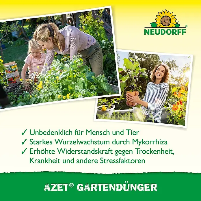 Neudorff Azet Gartendünger - 10 kg - Frau und Kind im Garten mit Neudorff Azet Gartendünger.