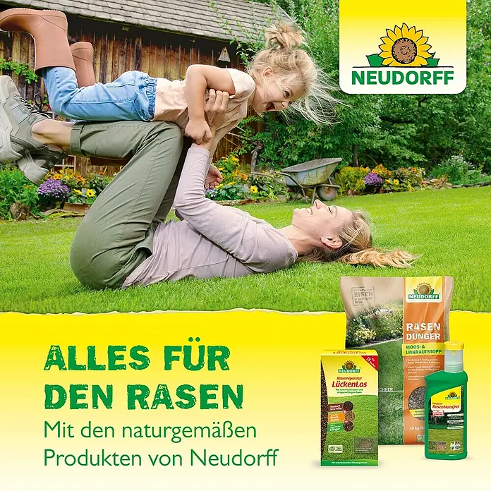 Neudorff Azet Rasendünger - 2,5 kg, Max. Anwendungsfläche: 50 m² - Rasenpflegeprodukte von Neudorff, darunter Rasendünger, Eisendünger und Rasensamen, präsentiert in einer fröhlichen Gartenszene.