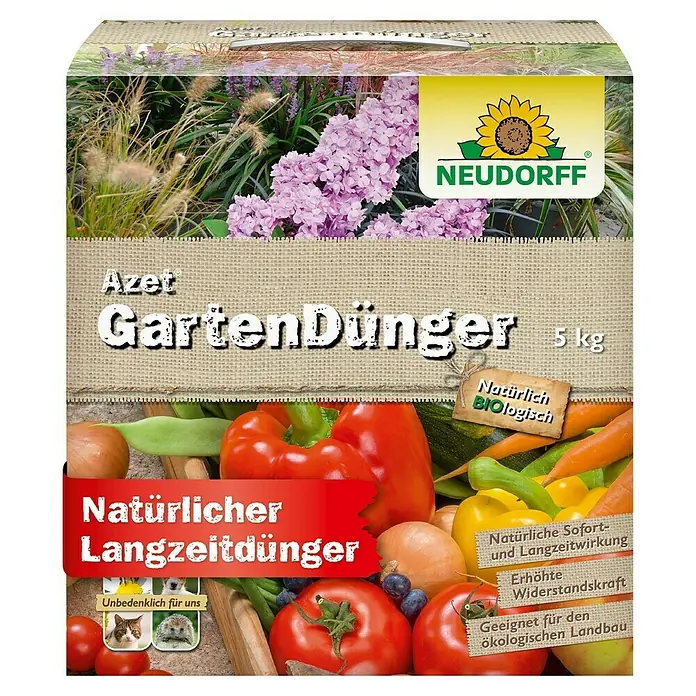 Neudorff Azet Universaldünger - 5 kg - Neudorff Azet GartenDünger (5kg) Sack. Natürlicher, biologischer Langzeitdünger mit Abbildungen von Pflanzen, Gemüse und Haustieren.