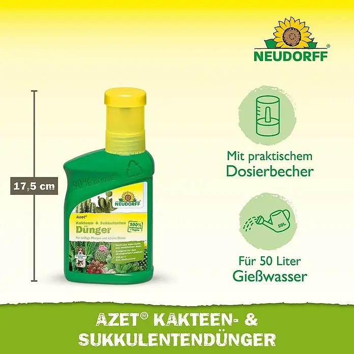 Neudorff Azet Kakteendünger - 250 ml - Grüne 17,5 cm Neudorff Azet Flasche Kakteen- & Sukkulentendünger mit gelbem Dosierbecher. 90% recycelt, 100% organisch & vegan.