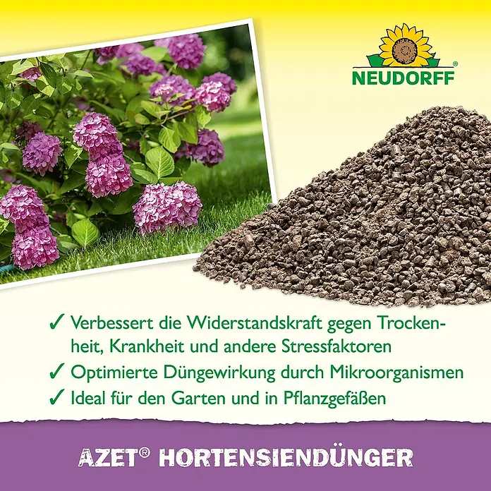 Neudorff Azet Hortensiendünger - 1,75 kg - Produktbild von AZET® HORTENSIENDÜNGER, einem Dünger zur Stärkung der Widerstandskraft von Pflanzen, optimiert die Düngewirkung durch Mikroorganismen.