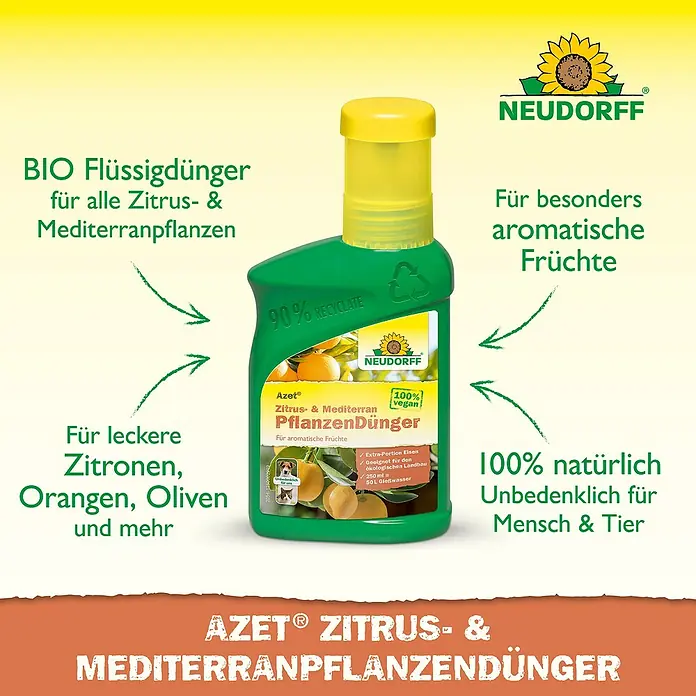 Neudorff Azet Zitrusdünger - 250 ml - Produktbild des Neudorff Azet Zitrus- & Mediterranpflanzendünger, einem Bio-Flüssigdünger für aromatische Früchte, der zu 90 % recycelt ist.