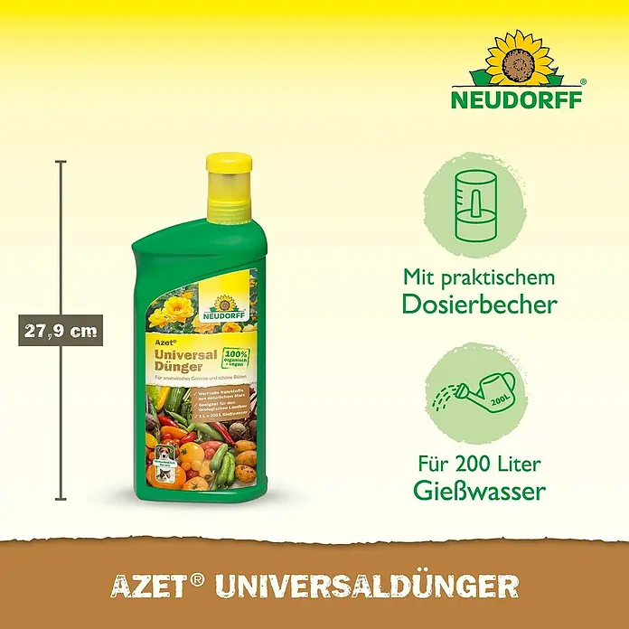 Neudorff Azet Universaldünger - 1,3 g, 1 l - Grüne, 27,9 cm hohe NEUDORFF Azet Universal Düngerflasche mit gelbem Deckel. 100% biologisch und vegan für Pflanzen.