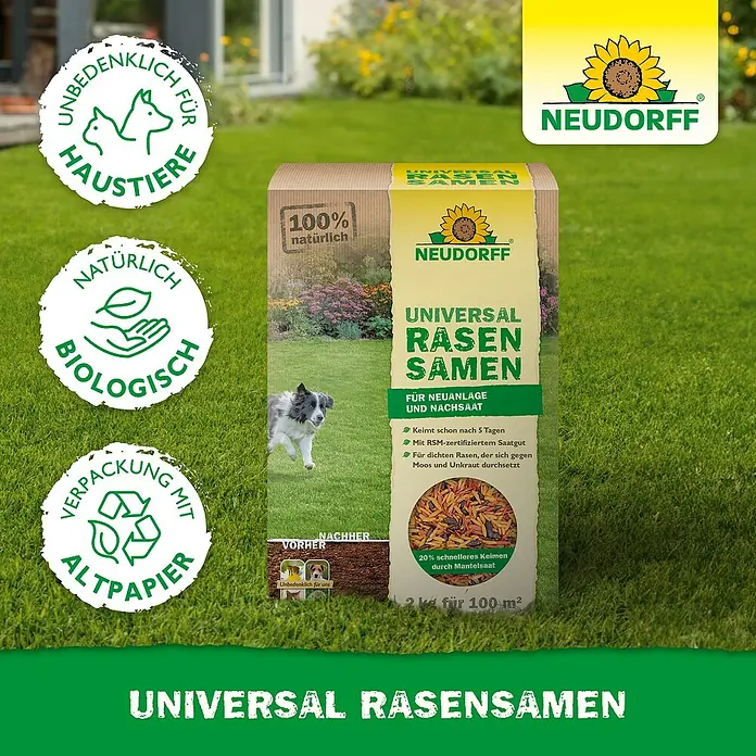 Neudorff Rasensamen Universal - 2 kg, 100 m² - Neudorff Universal Rasensamen Verpackung. Gelb-braune Box mit Hund, Neudorff Logo und grünem Text.