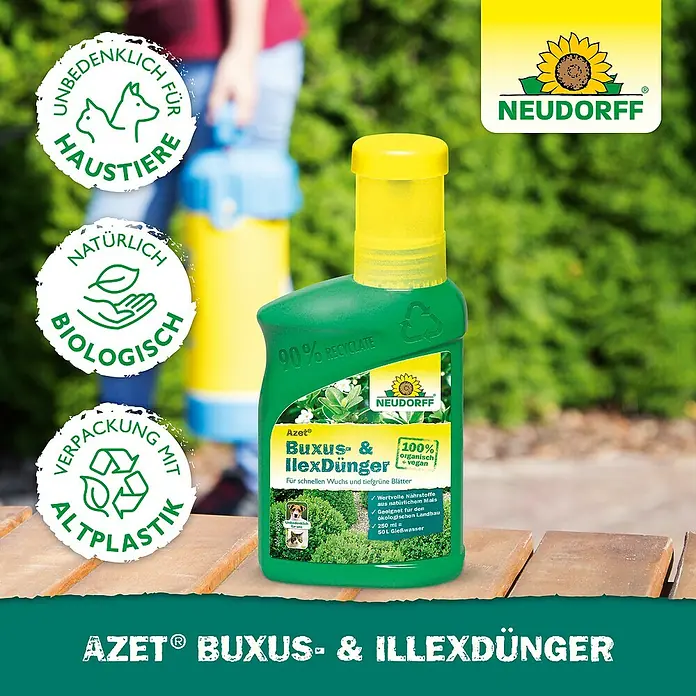 Neudorff Azet Buchsbaumdünger - 250 ml - Bild einer Flasche Neudorff Azet® Buxus- & Ilexdünger, ein organischer Dünger für Buchsbaum und Stechpalme, mit Nachhaltigkeitssiegeln.