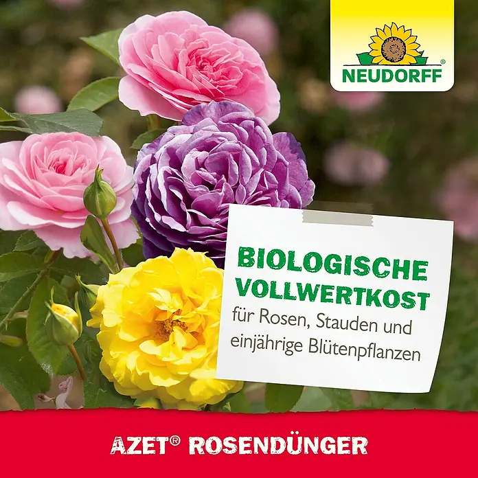 Neudorff Azet Rosendünger - 2,5 kg - Bild einer Rosenpackung von Neudorff, die "Biologische Vollwertkost für Rosen" verspricht, vor einem Hintergrund von Rosen in verschiedenen Farben.