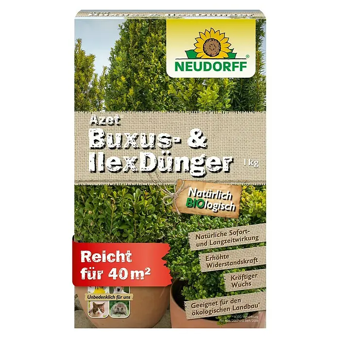 Neudorff Azet Buchsbaumdünger - 1 kg - Neudorff Azet Buxus- & IlexDünger, 1kg, natürlich biologisch für kräftigen Wuchs und Widerstandskraft, reicht für 40 m².