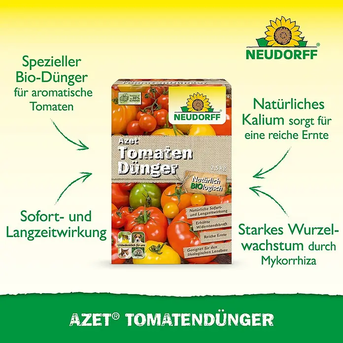 Neudorff Azet Tomatendünger - 2,5 kg - Abbildung eines "Azet Tomatendünger", ein Bio-Dünger speziell für aromatische Tomaten, mit natürlichem Kalium für reiche Ernte.
