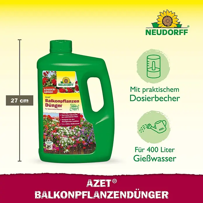Neudorff Azet Balkonpflanzendünger - 2 l, Geeignet für: Balkonpflanzen - Grüne 27 cm Flasche Neudorff Azet® Balkonpflanzendünger mit Dosierbecher, ergibt 400 Liter Gießwasser.