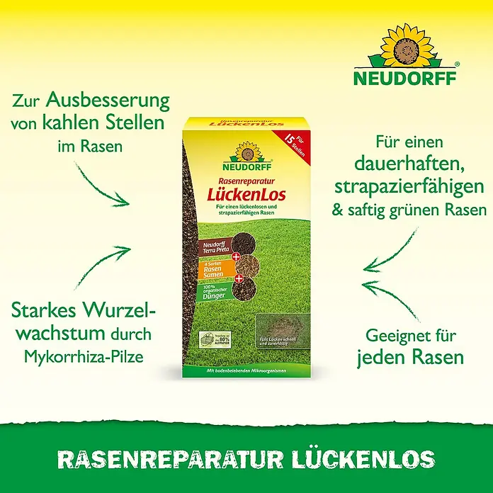 Neudorff Rasen-Reparatur LückenLos - 1,2 kg, 3 m² - Produktabbildung: Neudorff LückenLos Rasenreparatur für die Ausbesserung von kahlen Stellen und starkes Wurzelwachstum für jeden Rasen.
