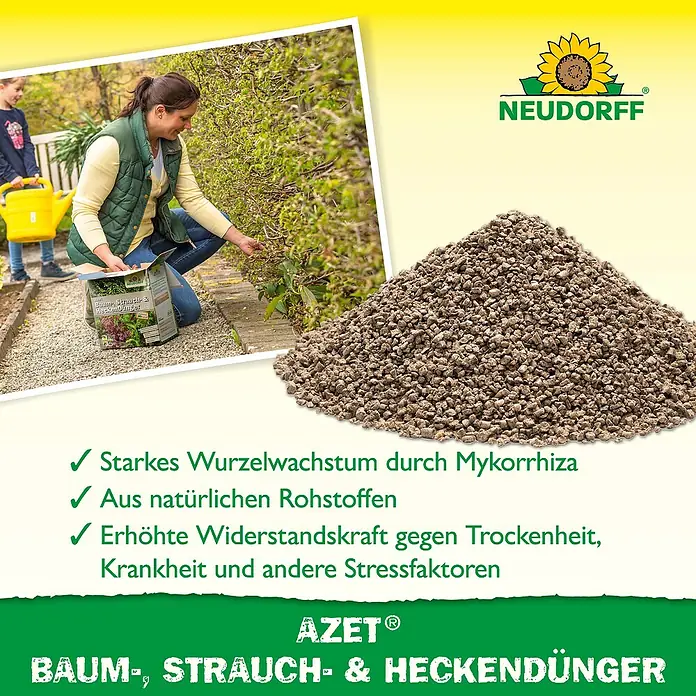 Neudorff Azet Strauch- & Heckendünger - 1 kg - Produktwerbung für Neudorff Azet Baum-, Strauch- & Heckendünger, der starkes Wurzelwachstum und Widerstandskraft verspricht.