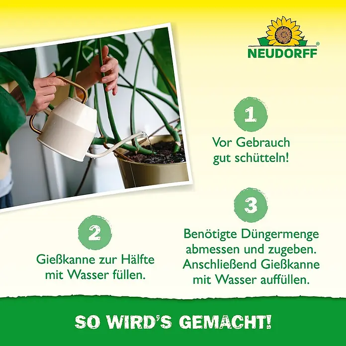 Neudorff Azet Grünpflanzendünger - 325 kg, 250 ml - Anleitung für Neudorff Pflanzenpflege: Eine Person gießt eine Pflanze mit einer cremefarbenen Kanne, zeigt Mischung und Anwendung des Produkts.