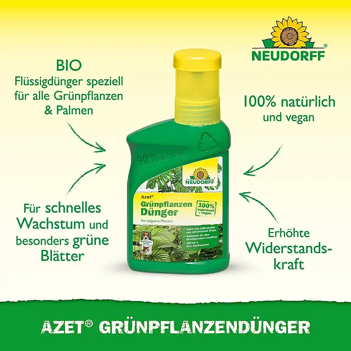Neudorff Azet Grünpflanzendünger - 325 kg, 250 ml - Grüne Neudorff Azet Flüssigdüngerflasche mit gelbem Deckel, betont die organische, vegane und recycelte Beschaffenheit für kräftige Grünpflanzen.
