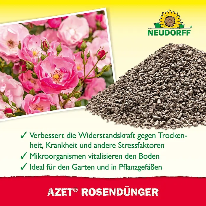 Neudorff Azet Rosendünger - 2,5 kg - Werbebild von Neudorff Azet Rosendünger, der die Widerstandskraft der Rosen erhöht und den Boden vitalisiert.