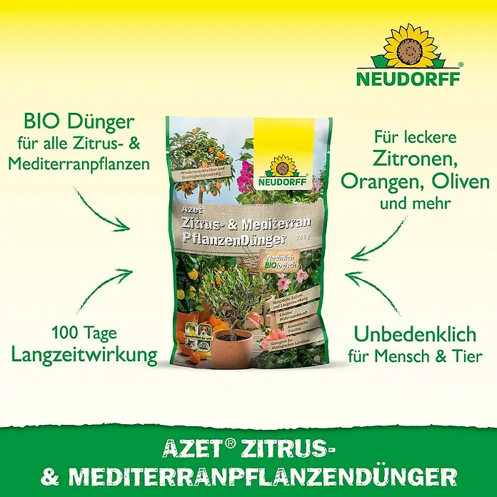 Neudorff Azet Mediterranpflanzen-Dünger - 750 g - Produktabbildung des Neudorff Azet Zitrus- & Mediterranpflanzendünger, ein Bio-Dünger für Zitrus- und mediterrane Pflanzen.