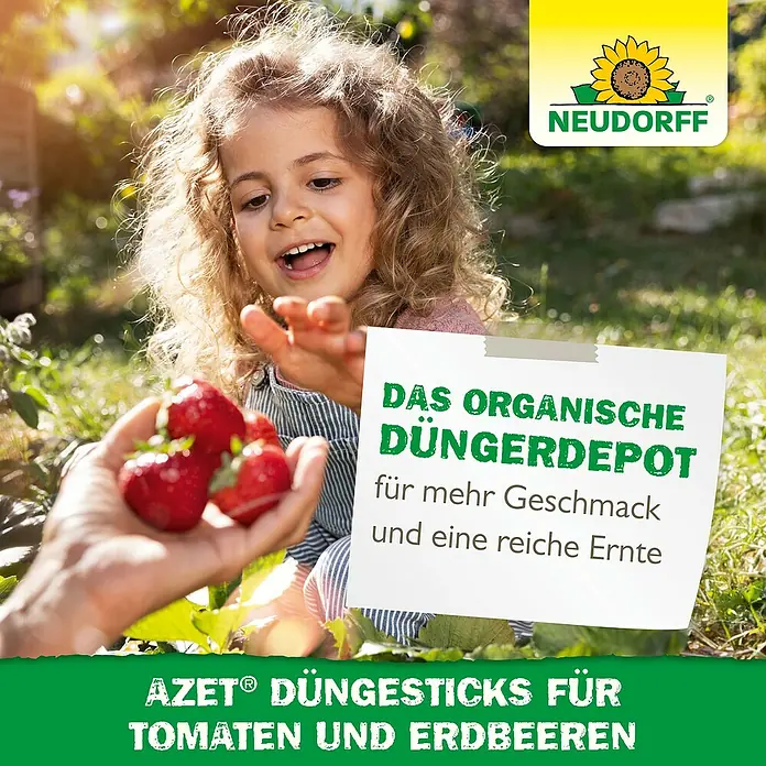 Neudorff Azet Grünpflanzen-Düngestäbchen Tomaten und Erdbeeren - 40 Stk. - Mädchen mit Erdbeeren und Neudorff Azet Düngestäbchen für Tomaten und Erdbeeren.