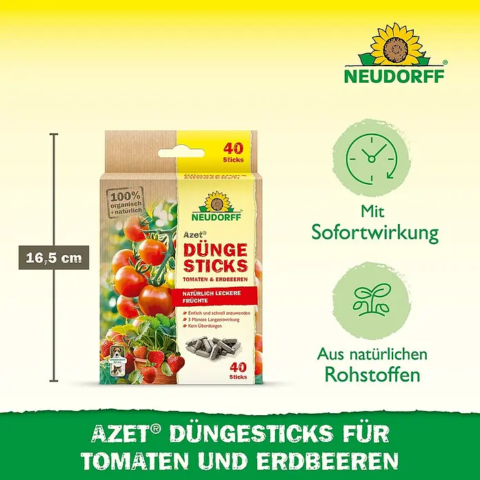 Neudorff Azet Grünpflanzen-Düngestäbchen Tomaten und Erdbeeren - 40 Stk. - Packung Neudorff Azet Düngestäbchen für Tomaten und Erdbeeren, 40 Stück, organisch, für natürlich leckere Früchte und Sofortwirkung.