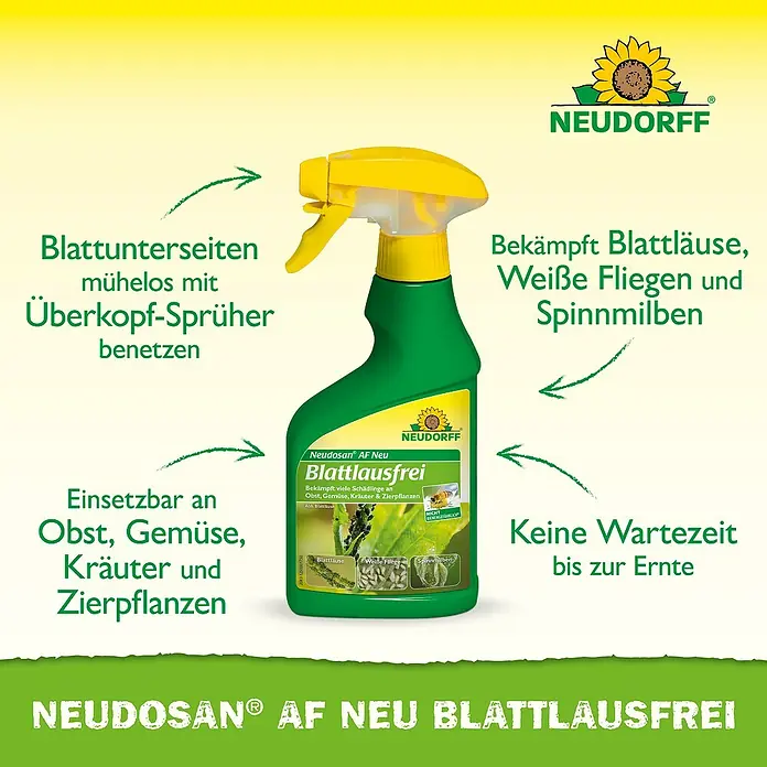 Neudorff Neudosan Blattlausfrei - 250 ml - Produktabbildung: Neudorff Neudosan AF Neu Blattlausfrei zur Bekämpfung von Blattläusen, Weißen Fliegen und Spinnmilben.