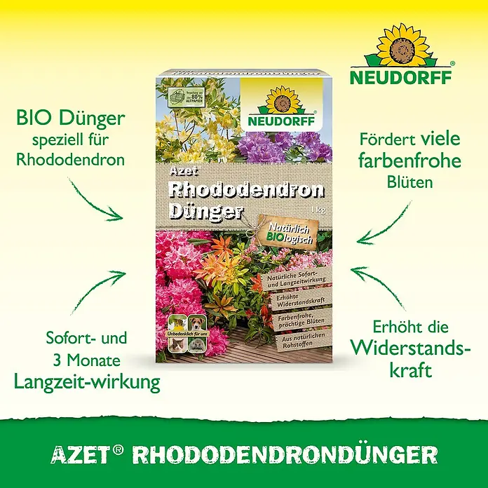 Neudorff Azet Rhododendrondünger - 1 kg - Das Bild zeigt Neudorff Azet Rhododendron Dünger, einen organischen Spezialdünger für Rhododendren, der farbenfrohe Blüten fördert und die Widerstandskraft erhöht.