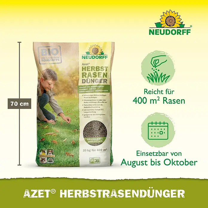 Neudorff Azet Herbstrasendünger - 20 kg, Max. Anwendungsfläche: 400 m² - Produktbild von Neudorff Azet® Herbstrasendünger, ein organischer Dünger für widerstandsfähigen Rasen, geeignet für 400 m², anwendbar von August bis Oktober.
