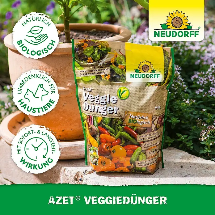 Neudorff Azet Bio-Gartendünger Azet Veggie - 750 g - AZET Veggie Dünger von Neudorff, ein biologischer und natürlicher Dünger für Gemüse, dargestellt in einer Gartenumgebung.