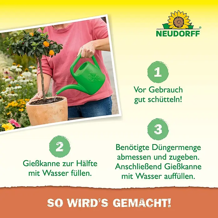 Neudorff Azet Zitrusdünger - 250 ml - Das Bild zeigt die Anwendung von Neudorff-Produkten: Vor Gebrauch schütteln, Gießkanne halb mit Wasser füllen, Dünger abmessen und dazugeben.