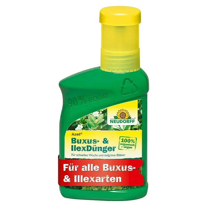 Neudorff Azet Buchsbaumdünger - 250 ml - Abbildung einer Flasche Neudorff Azet Buxus- & Ilexdünger, ein organischer und veganer Dünger für Buchsbaum und Ilex, hergestellt aus 90 % Recyclingmaterial.