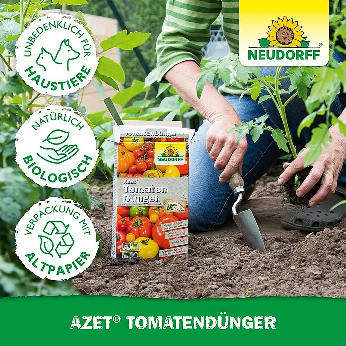 Neudorff Azet Tomatendünger - 1 kg - Eine Person pflanzt Tomaten mit Neudorff Azet Tomatendünger, der als natürlich und sicher für Haustiere beworben wird.