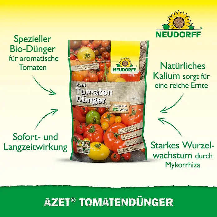 Neudorff Azet Tomatendünger - 750 g - Neudorff Azet Bio-Tomatendünger, 750g, in einem Beutel mit reifen Tomaten. Verspricht aromatische Früchte, reiche Ernte und starke Wurzeln.