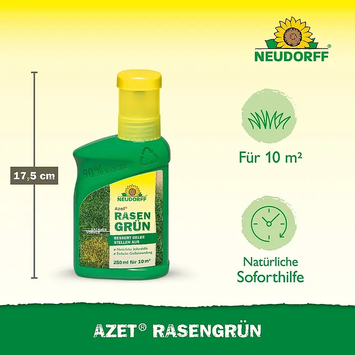 Neudorff Azet Rasendünger - 318 g, 250 ml, Max. Anwendungsfläche: 10 m² - Grüne Flasche mit gelbem Verschluss für Rasenpflege, 17,5 cm hoch, für 10 m².