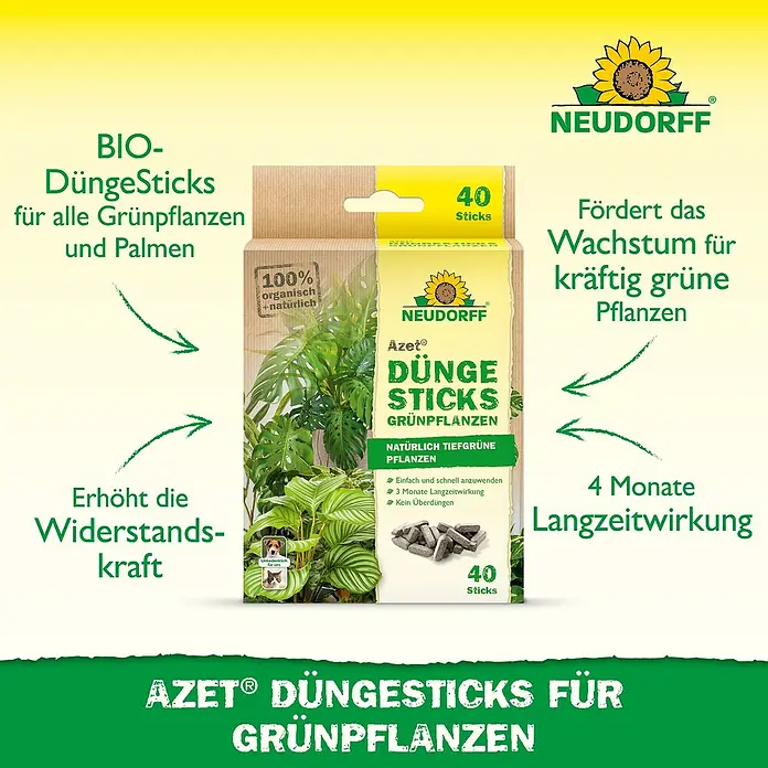 Neudorff Azet Grünpflanzen-Düngestäbchen - 40 Stk. - Packung Neudorff Azet Düngestäbchen für Grünpflanzen, fördert Wachstum, erhöht Widerstandskraft, 4 Monate Langzeitwirkung.