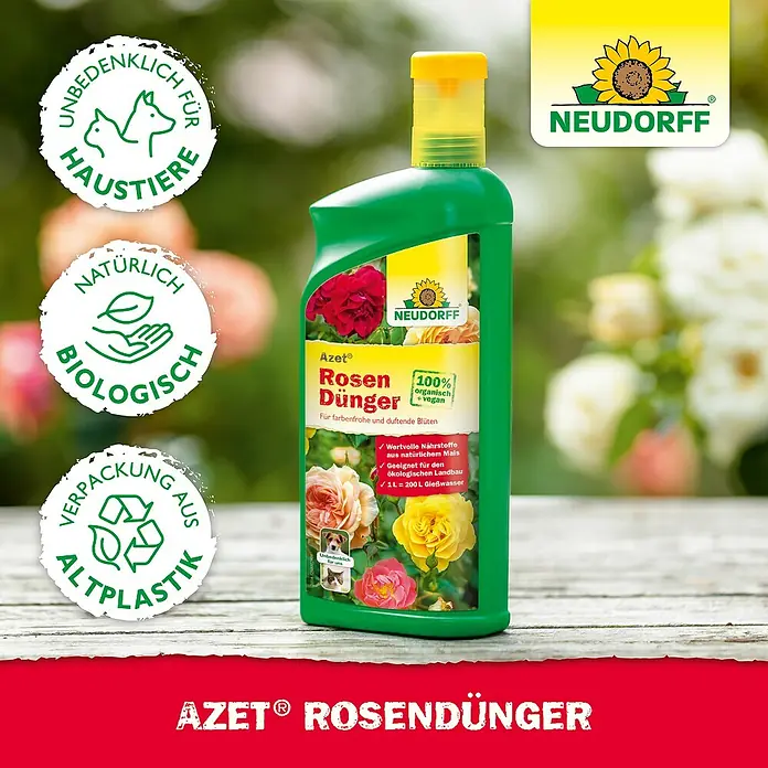 Neudorff Azet Rosendünger - 1 l - Produktfoto: Neudorff Azet Rosendünger, ein organischer und veganer Dünger für farbenfrohe und duftende Rosen.