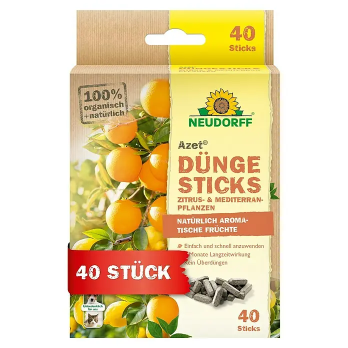 Neudorff Azet Grünpflanzen-Düngestäbchen Zitrus- und Mediterranpflanzen - 40 Stk. - Neudorff Azet® Dünge Sticks: 40 organische Düngesticks für Zitrus- & Mittelmeerpflanzen. Verpackung mit Früchten & grauen Sticks. Haustiersicher.