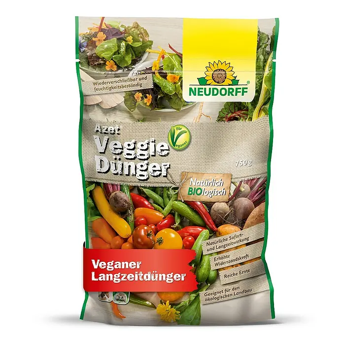 Neudorff Azet Bio-Gartendünger Azet Veggie - 750 g - Das Bild zeigt eine Packung Azet Veggie Dünger von Neudorff, ein veganer Langzeitdünger für Gemüse, natürlich und biologisch.