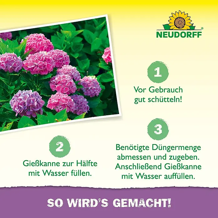 Neudorff Azet Hortensiendünger - 1 l - Bildanleitung zur Verwendung von Neudorff-Produkten: Vor Gebrauch schütteln, Gießkanne halb füllen, Dünger hinzufügen.