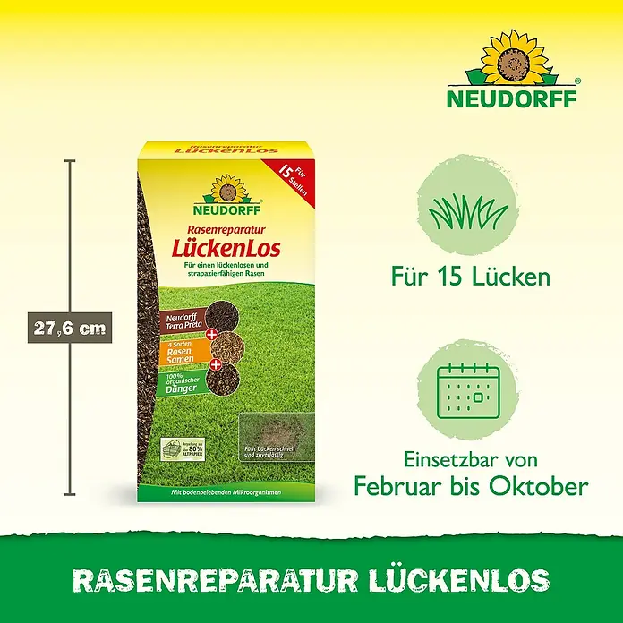 Neudorff Rasen-Reparatur LückenLos - 1,2 kg, 3 m² - Produktbild Neudorff LückenLos Rasenreparatur, zur schnellen Reparatur von kahlen Stellen im Rasen, für bis zu 15 Stellen, Anwendungszeitraum Februar bis Oktober.