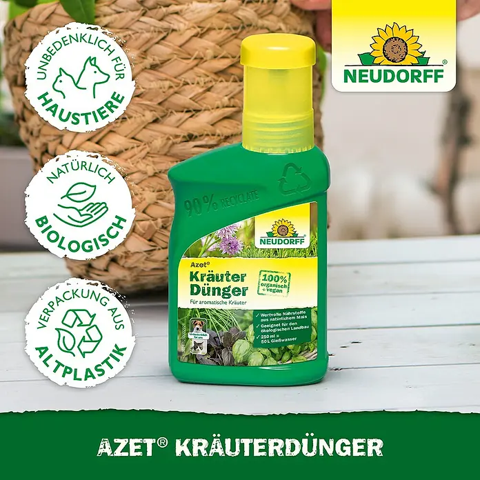 Neudorff Azet Kräuterdünger - 250 ml - Azet Kräuterdünger: Organisch und vegan. Der flüssige Kräuterdünger in einer grünen Flasche verspricht wertvolle Nährstoffe für aromatische Kräuter.
