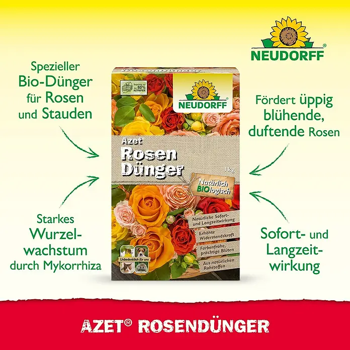 Neudorff Azet Rosendünger - 1 kg - Produktbild des Azet Rosendünger von Neudorff, ein Bio-Dünger für Rosen und Stauden, der üppige Blüten fördert.