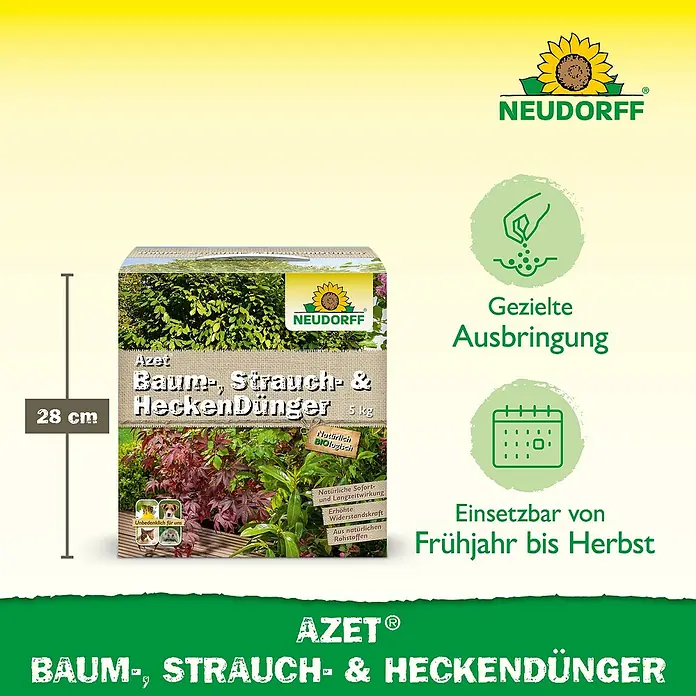 Neudorff Azet Strauch- & Heckendünger - 5 kg - Neudorff Azet Baum-, Strauch- & Heckendünger im 5-kg-Sack, 28 cm hoch.