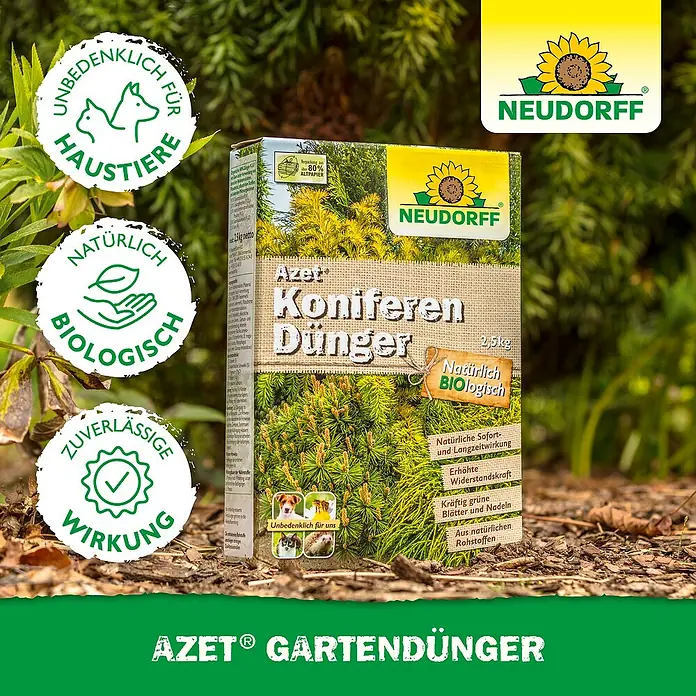 Neudorff Azet Tannen- & Koniferendünger - 1,75 kg - Produktbild von Neudorff Azet Koniferendünger, einem organischen Dünger für Koniferen, umgeben von Grün.