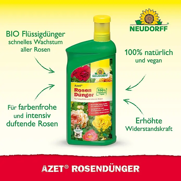 Neudorff Azet Rosendünger - 1 l - Bild einer Flasche Neudorff Azet Rosendünger, einem organischen und veganen Flüssigdünger für Rosen.