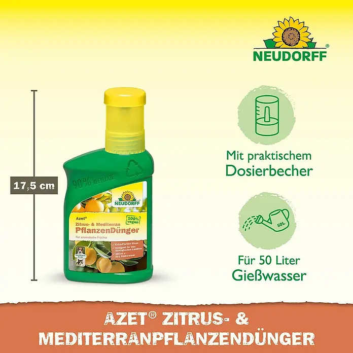 Neudorff Azet Zitrusdünger - 250 ml - Bild einer Flasche Neudorff Azet Zitrus- & Mediterranpflanzendünger, 17,5 cm hoch, mit Dosierbecher und Angabe für 50 Liter Gießwasser.