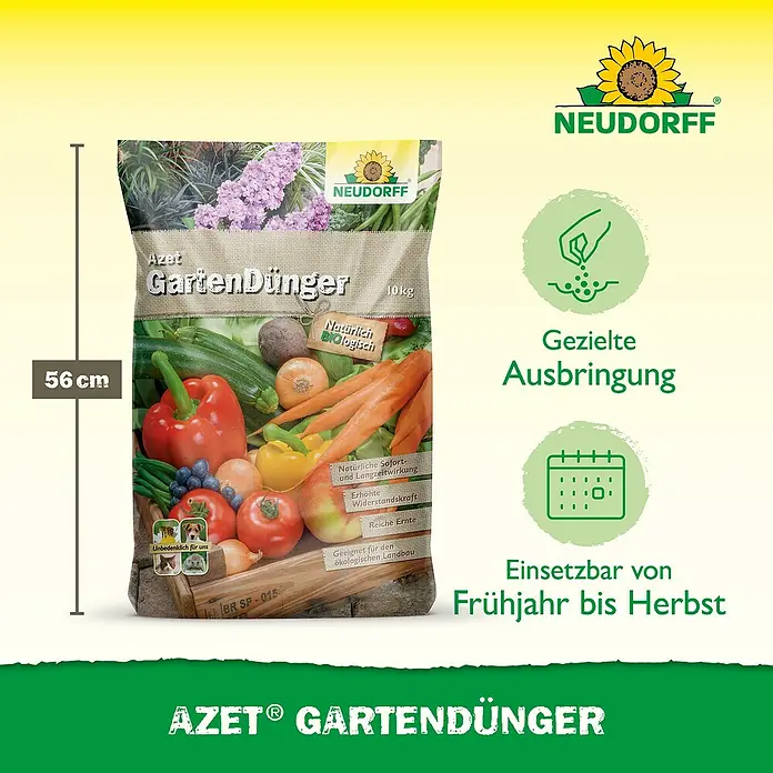Neudorff Azet Gartendünger - 10 kg - Ein 56 cm hoher, 10 kg Sack Neudorff Azet Bio-Gartendünger mit Gemüse- und Blumenbildern.